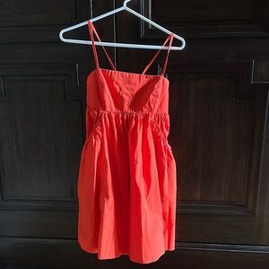 Dark Orange-Red Apron Sundress w/Spaghetti Straps, Open Tie Back, & Side Pockets